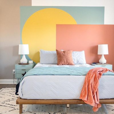 A bright and abstract wall design with shapes. SW color featured: SW 9006, SW 9026, SW 6213, SW 6073.
