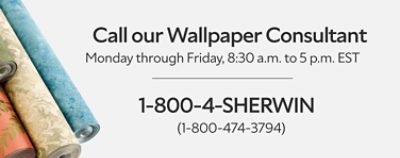Wallpaper rolls in various colors and patterns with contact info for a wallpaper consultant, available Monday to Friday.