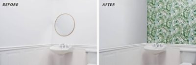 A bathroom before and after the application of wallpaper with green tropical leaves.