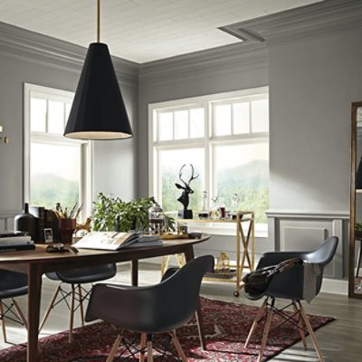 A home office painted a warm neutral.