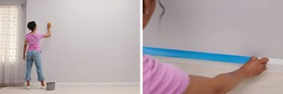 A woman washing a blank wall before painting.