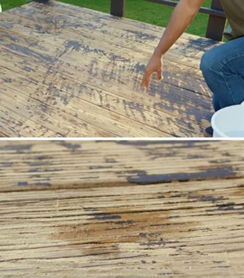 A person pouring water on their deck 