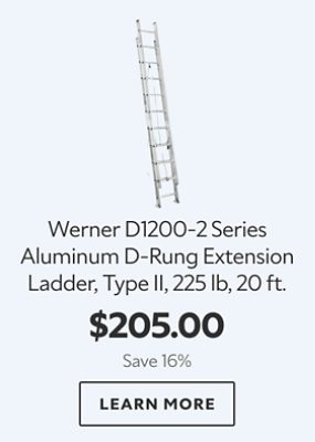 Werner D1200-2 Series Aluminum D-Rung Extension Ladder, Type II, 225 lb, 20 ft. $205.00. Save 16%. Learn more.