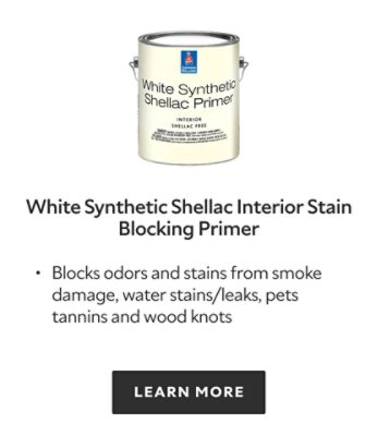 White Synthetic Shellac Interior Stain Blocking Primer. Blocks odors and stains from smoke damage, water stains/leaks, pets, tannins and wood knots. Learn more.