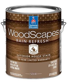 A cannister of WoodScapes Rain Refresh Exterior House Stain.