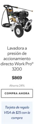 Lavadora a presión de accionamiento directo Work Pro® 3200. $869. Ahorra 24%. Compra ahora. Tarjeta de regalo VISA de $25 con la compra.