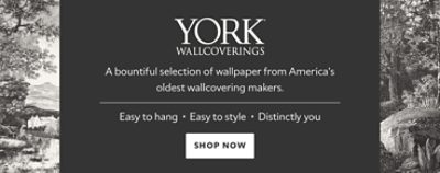 York Wallcoverings ad with scenic wallpaper, tagline "A bountiful selection," and "Shop Now" button. Easy to hang, style.