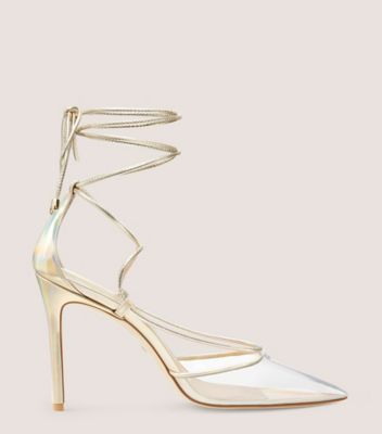 Stuart Weitzman Stuart Lace Up 100 Pump In Platino/clear