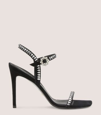Stuart Weitzman Gemcut Crystal Suede Stiletto Sandals In Black