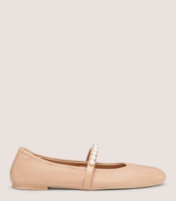Stuart Weitzman Goldie Faux Pearl-embellished Leather Ballet Flats In Adobe Beige