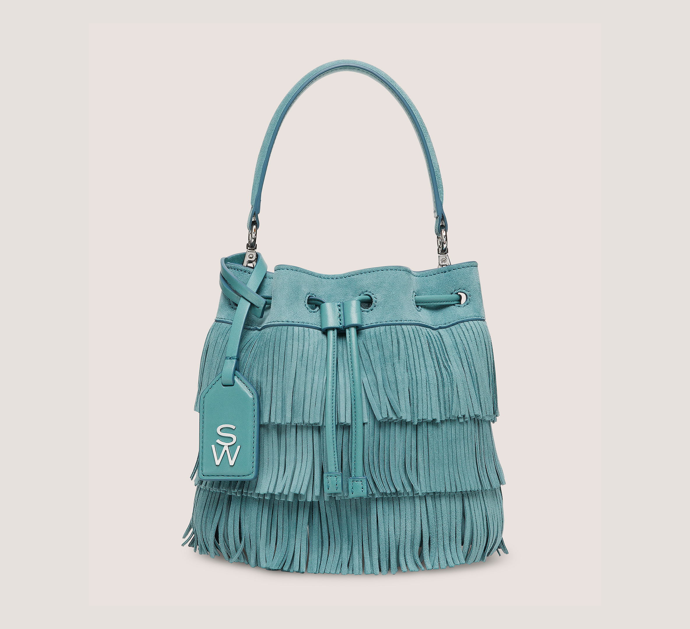 Stuart Weitzman Rae Fringe Mini Bucket Bag Handbags In Green